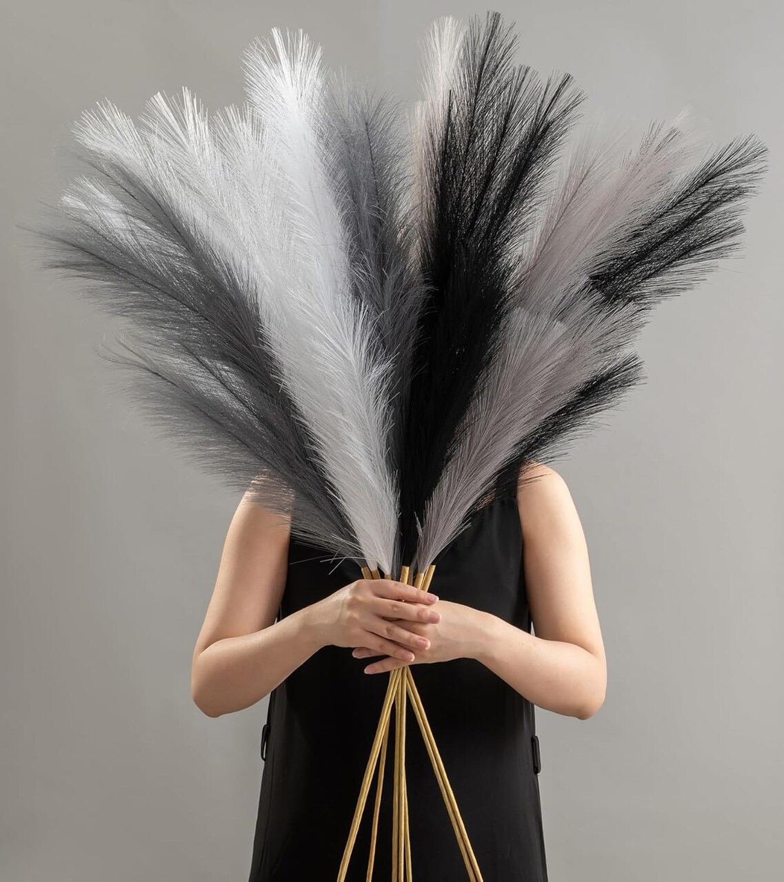 8 Pcs 45" Pampas Grass Tall Faux Dried Decor, Fluffy Fake Long Pompas Artificial Black White Grey Gray Pompous Stems Bouquet Flower Arrangement Vase Filler for Boho Home Wedding Decoration